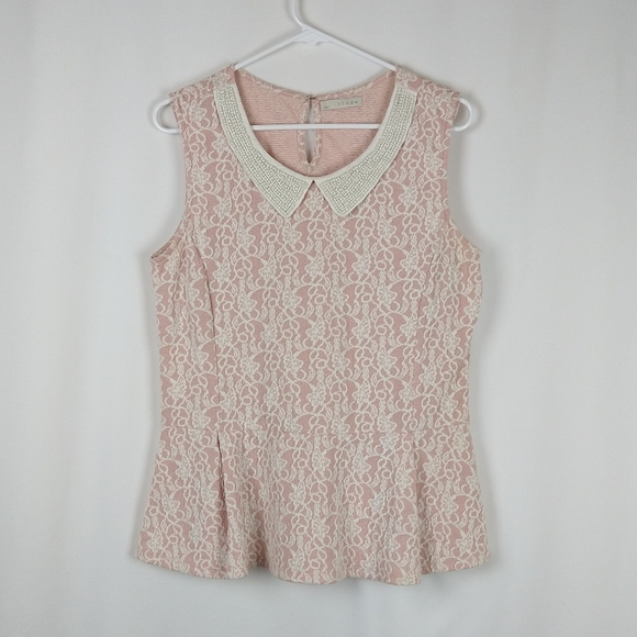 hinge Tops - Hinge Pink Peplum Beaded Collar Top Blouse Large